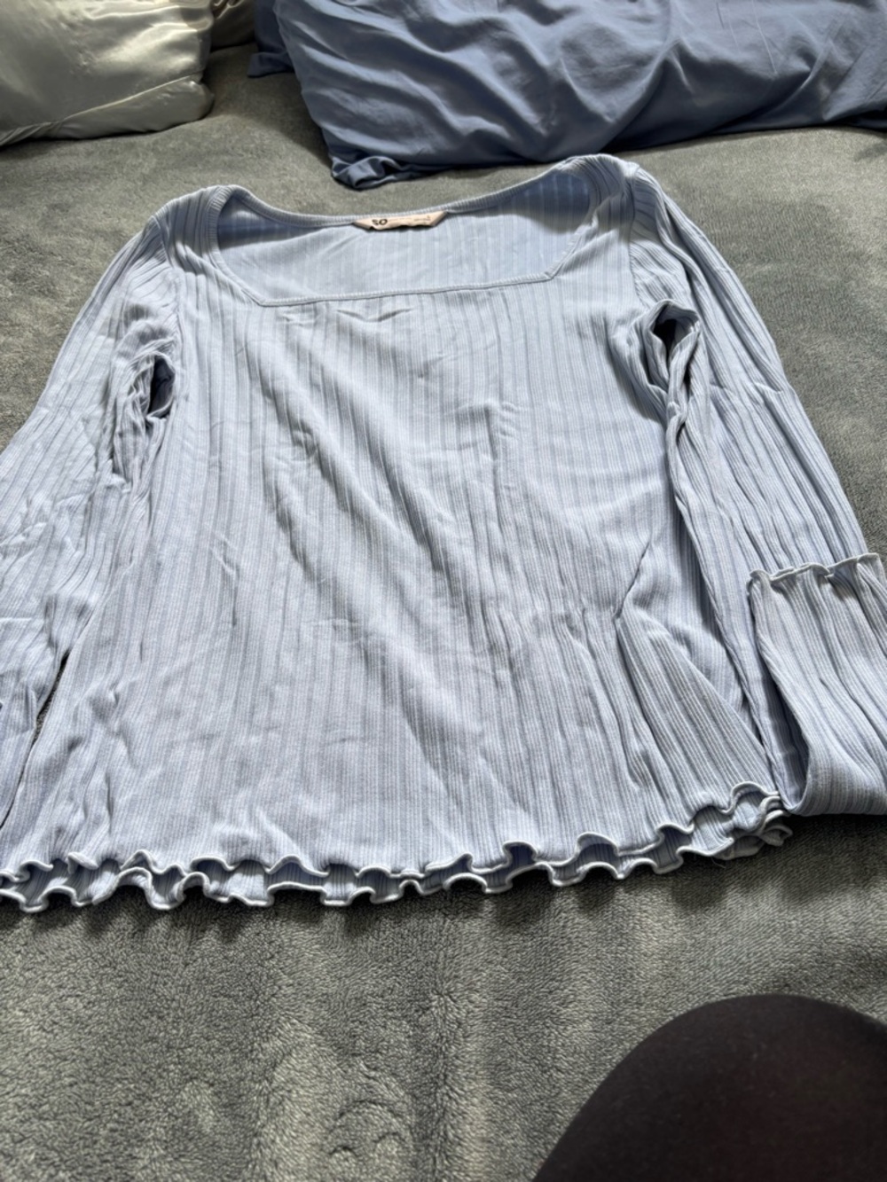 SO Light Blue Ribbed Long Sleeve Top with Lettuce Hem